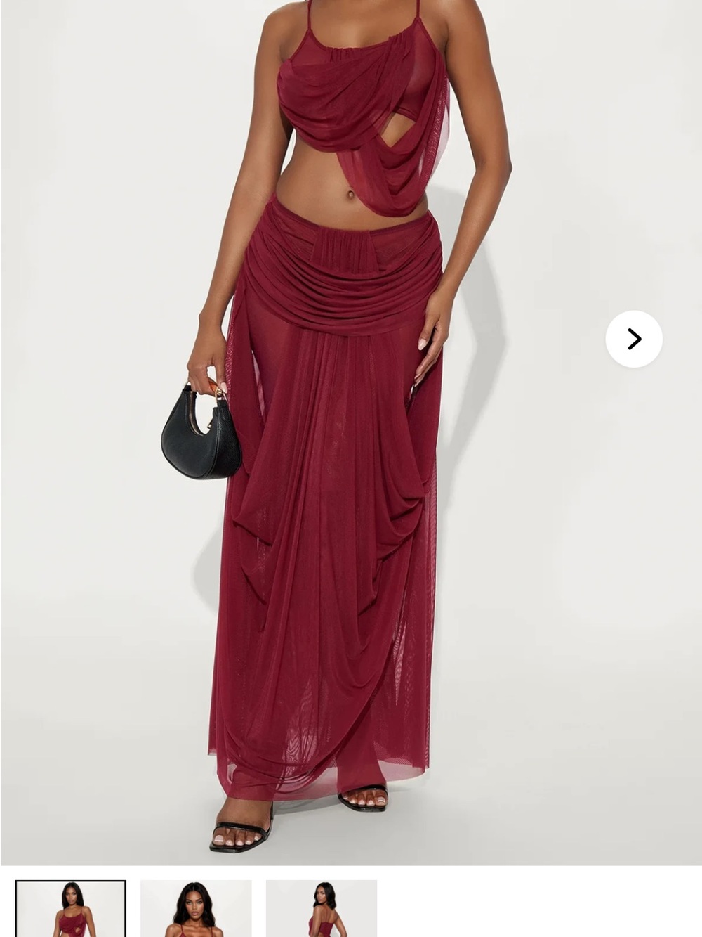 Fashion Nova Burgundy Sheer Draped Mesh Maxi Skirt Set *sold out online*